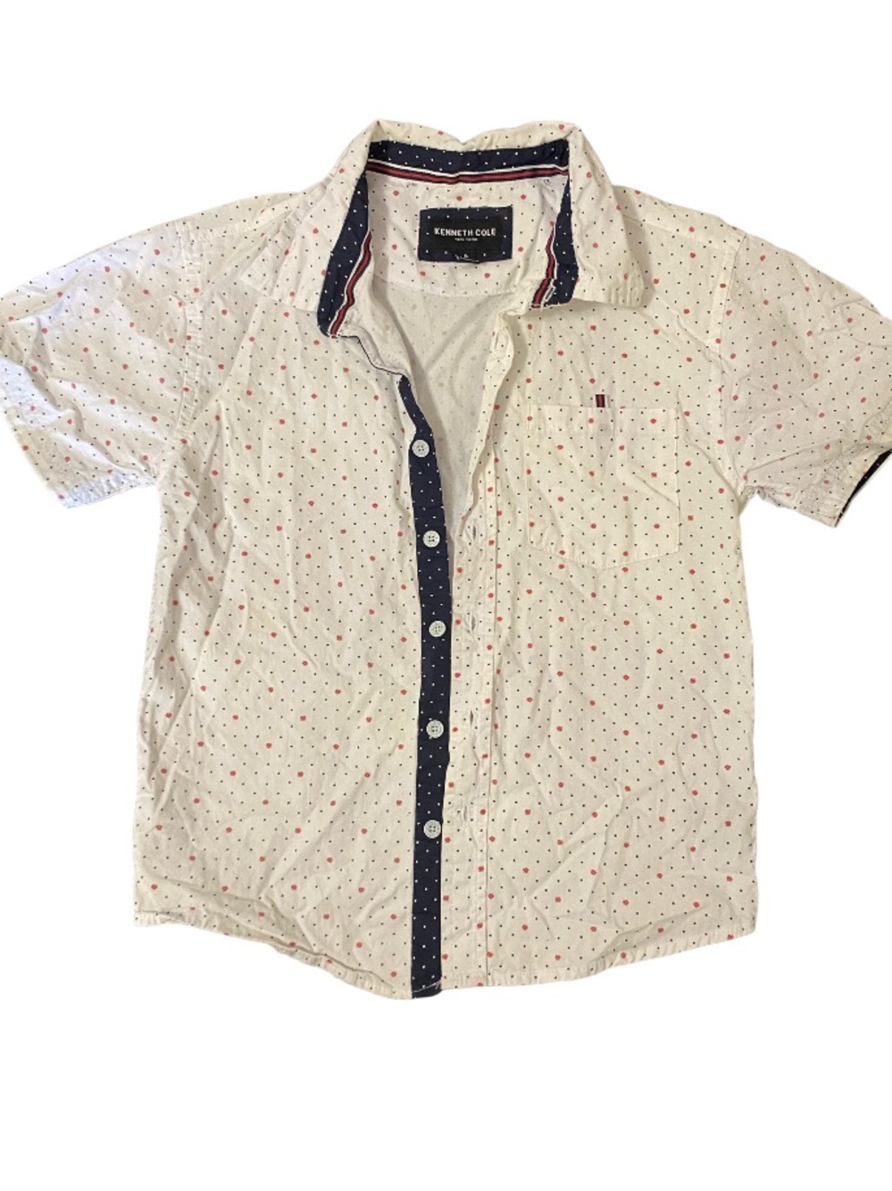 Kenneth Cole • White Short-Sleeve Button-Down with Red Dot Print and Navy Trim